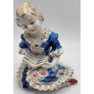 Antique Porcelain Figurine Girl reading book decorative
